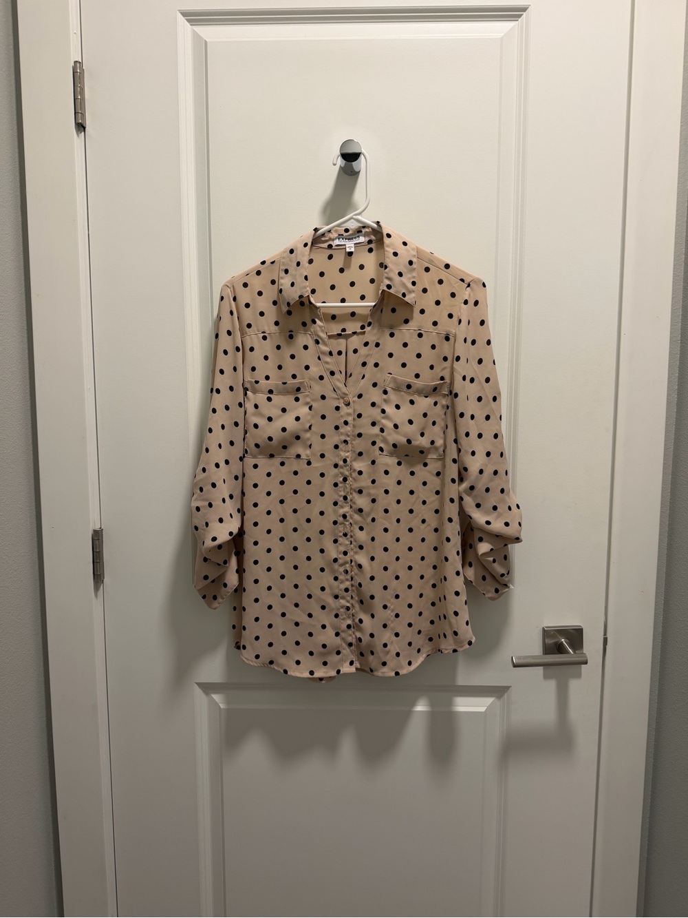 Express Beige Button-Down Blouse with Black Polka Dots